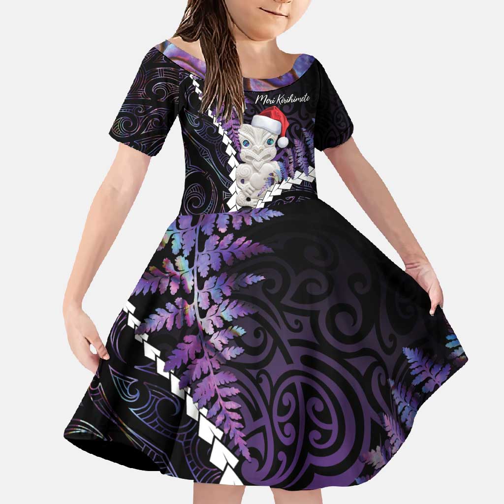 New Zealand Personalised Family Matching Mermaid Dress and Hawaiian Shirt Meri Kirihimete Kowhaiwhai Mix Paua Shell - Amethys LT7 Daughter's Dress Purple - Polynesian Pride