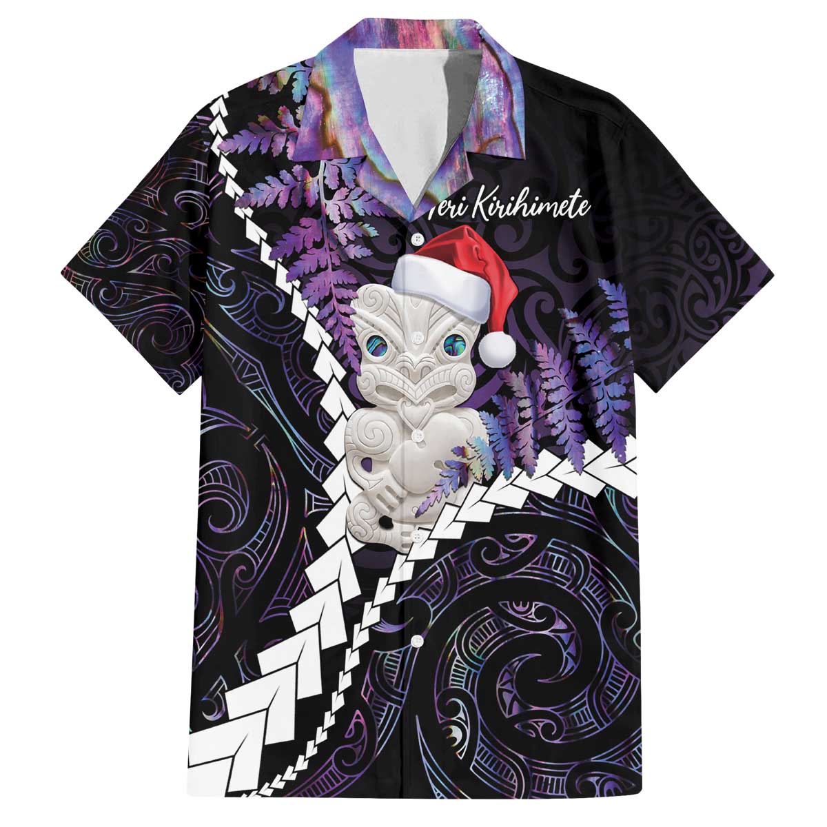 New Zealand Personalised Family Matching Off The Shoulder Long Sleeve Dress and Hawaiian Shirt Meri Kirihimete Kowhaiwhai Mix Paua Shell - Amethys LT7 Dad's Shirt - Short Sleeve Purple - Polynesian Pride