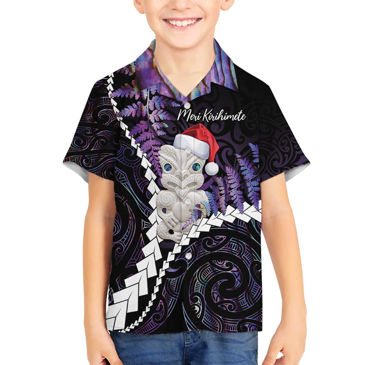 New Zealand Personalised Family Matching Off The Shoulder Long Sleeve Dress and Hawaiian Shirt Meri Kirihimete Kowhaiwhai Mix Paua Shell - Amethys LT7 Son's Shirt Purple - Polynesian Pride