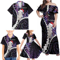New Zealand Personalised Family Matching Off Shoulder Maxi Dress and Hawaiian Shirt Meri Kirihimete Kowhaiwhai Mix Paua Shell - Amethys LT7 - Polynesian Pride