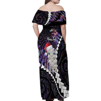 New Zealand Personalised Family Matching Off Shoulder Maxi Dress and Hawaiian Shirt Meri Kirihimete Kowhaiwhai Mix Paua Shell - Amethys LT7 - Polynesian Pride