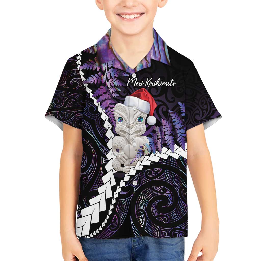 New Zealand Personalised Family Matching Off Shoulder Maxi Dress and Hawaiian Shirt Meri Kirihimete Kowhaiwhai Mix Paua Shell - Amethys LT7 Son's Shirt Purple - Polynesian Pride