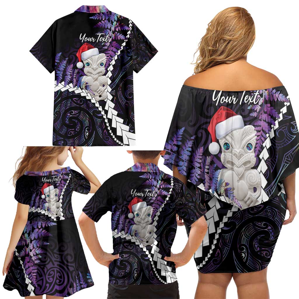 New Zealand Personalised Family Matching Off Shoulder Short Dress and Hawaiian Shirt Meri Kirihimete Kowhaiwhai Mix Paua Shell - Amethys LT7 - Polynesian Pride