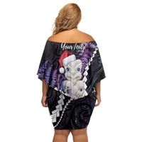 New Zealand Personalised Family Matching Off Shoulder Short Dress and Hawaiian Shirt Meri Kirihimete Kowhaiwhai Mix Paua Shell - Amethys LT7 - Polynesian Pride