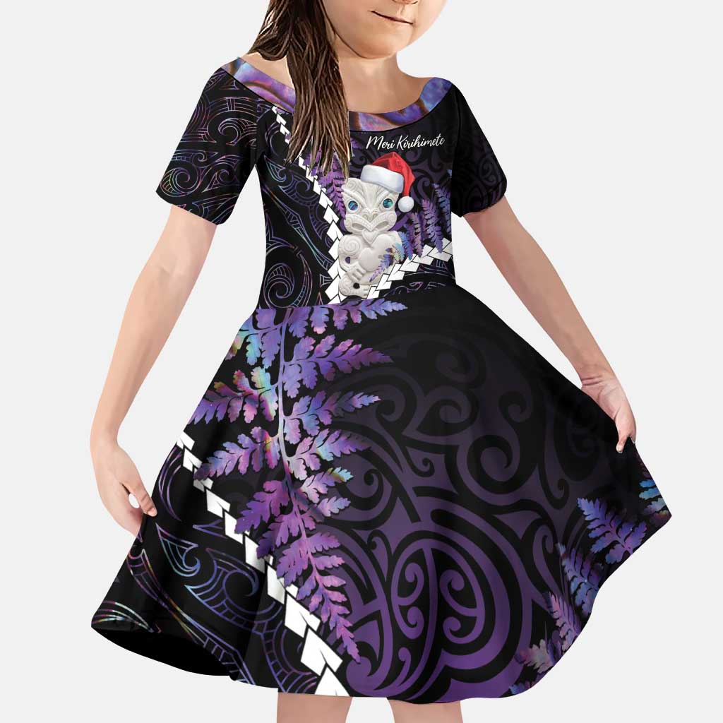 New Zealand Personalised Family Matching Puletasi and Hawaiian Shirt Meri Kirihimete Kowhaiwhai Mix Paua Shell - Amethys LT7 Daughter's Dress Purple - Polynesian Pride