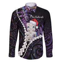New Zealand Personalised Family Matching Puletasi and Hawaiian Shirt Meri Kirihimete Kowhaiwhai Mix Paua Shell - Amethys LT7 Dad's Shirt - Long Sleeve Purple - Polynesian Pride