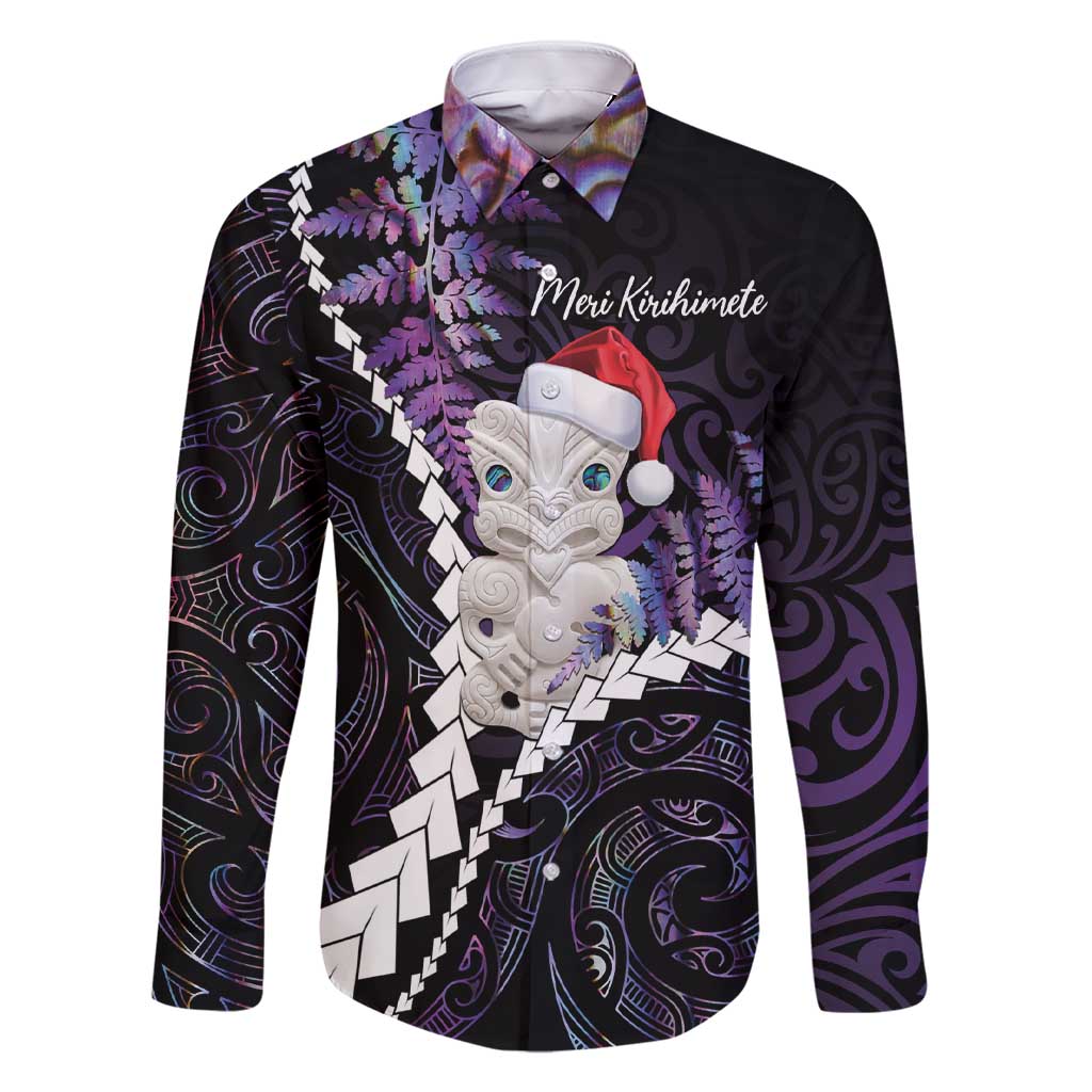 New Zealand Personalised Family Matching Short Sleeve Bodycon Dress and Hawaiian Shirt Meri Kirihimete Kowhaiwhai Mix Paua Shell - Amethys LT7 Dad's Shirt - Long Sleeve Purple - Polynesian Pride