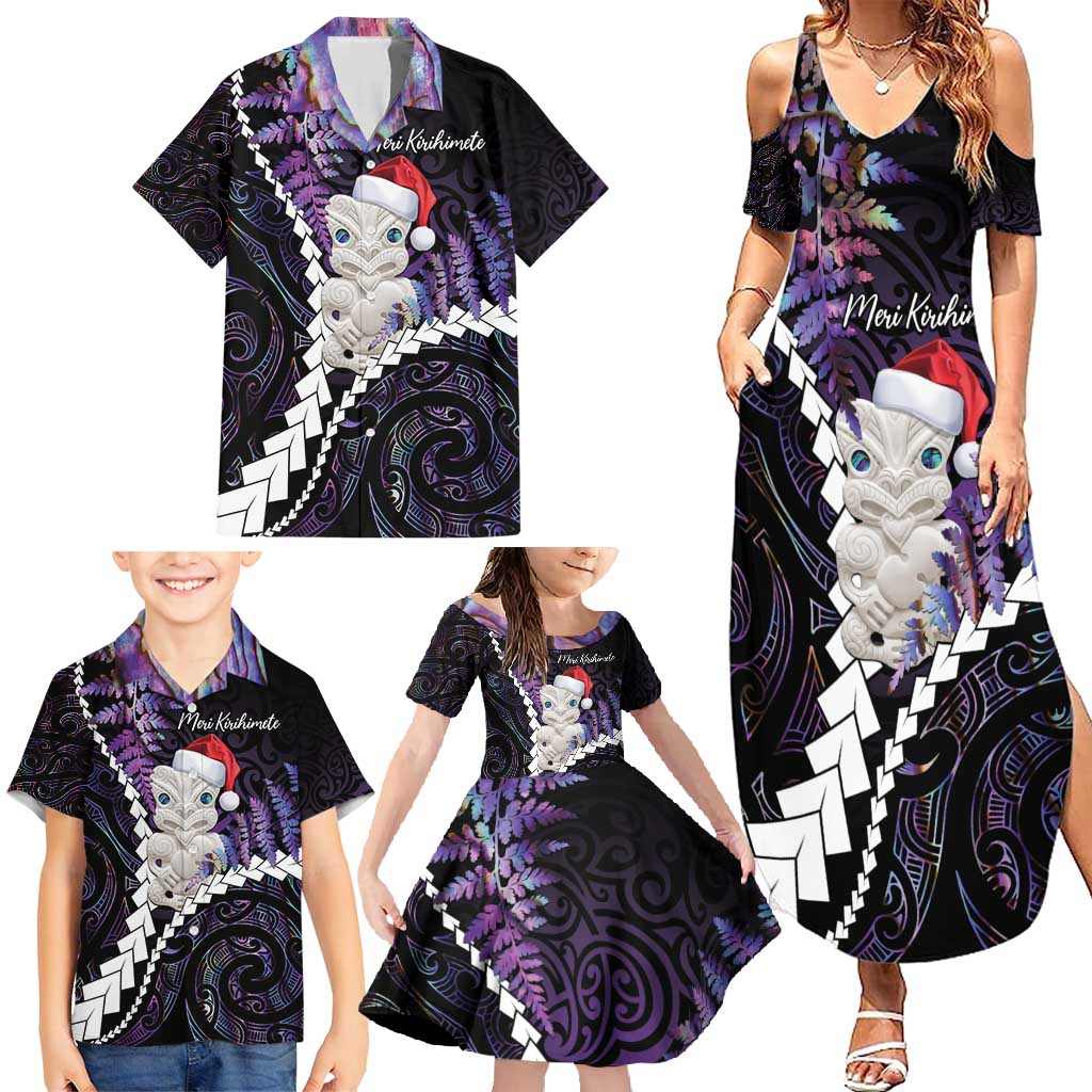New Zealand Personalised Family Matching Summer Maxi Dress and Hawaiian Shirt Meri Kirihimete Kowhaiwhai Mix Paua Shell - Amethys LT7 - Polynesian Pride