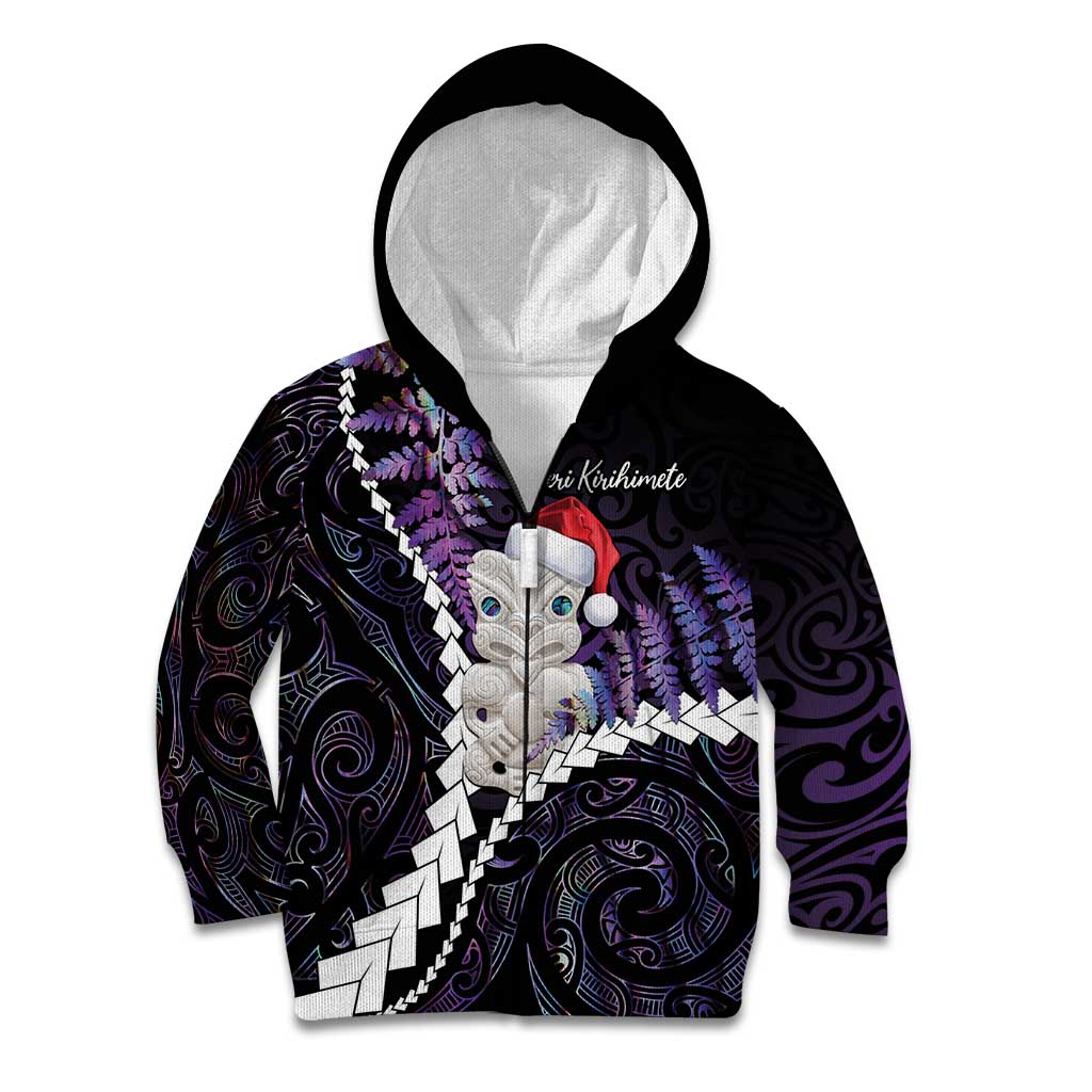 New Zealand Personalised Kid Hoodie Meri Kirihimete Kowhaiwhai Mix Paua Shell - Amethys LT7 Zip Hoodie Purple - Polynesian Pride