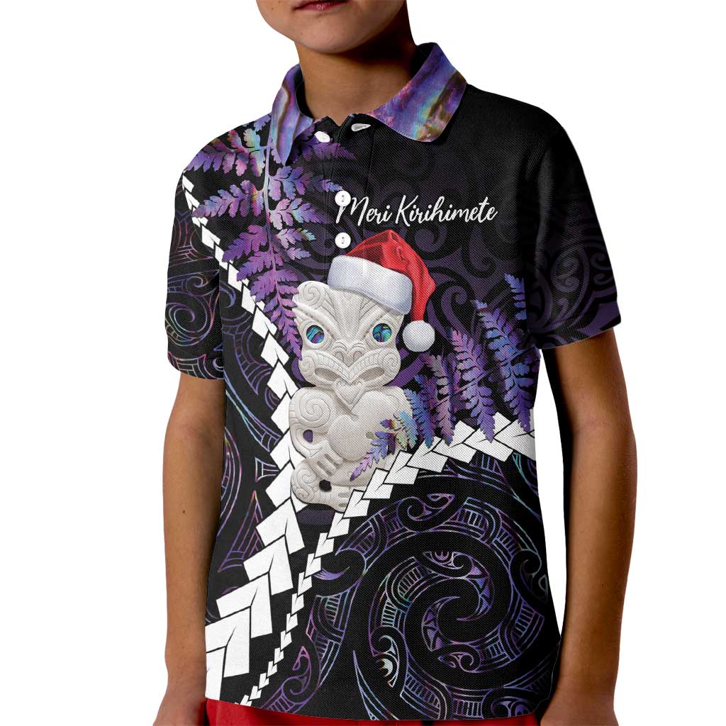 New Zealand Personalised Kid Polo Shirt Meri Kirihimete Kowhaiwhai Mix Paua Shell - Amethys LT7 Kid Purple - Polynesian Pride