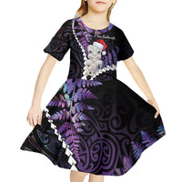 New Zealand Personalised Kid Short Sleeve Dress Meri Kirihimete Kowhaiwhai Mix Paua Shell - Amethys LT7 - Polynesian Pride