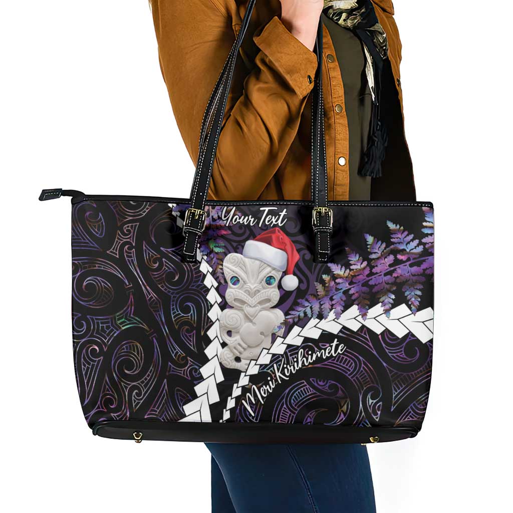 New Zealand Personalised Leather Tote Bag Meri Kirihimete Kowhaiwhai Mix Paua Shell - Amethys LT7 - Polynesian Pride