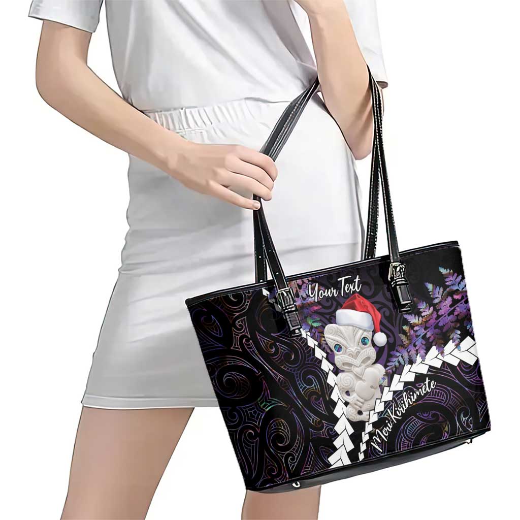 New Zealand Personalised Leather Tote Bag Meri Kirihimete Kowhaiwhai Mix Paua Shell - Amethys LT7 - Polynesian Pride