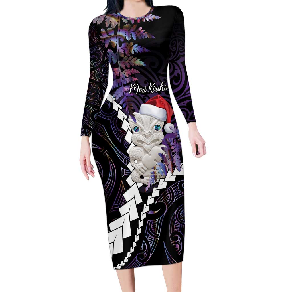 New Zealand Personalised Long Sleeve Bodycon Dress Meri Kirihimete Kowhaiwhai Mix Paua Shell - Amethys LT7 Long Dress Purple - Polynesian Pride