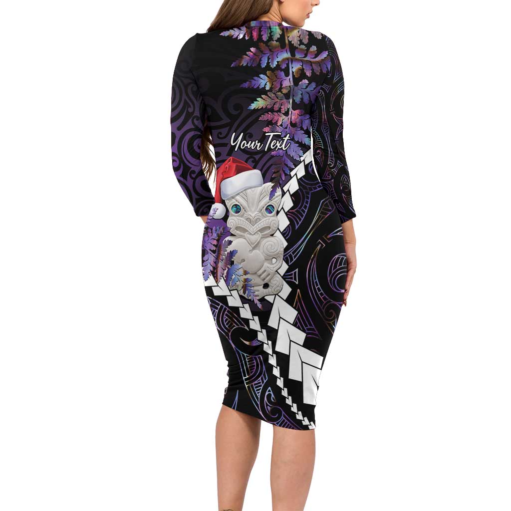 New Zealand Personalised Long Sleeve Bodycon Dress Meri Kirihimete Kowhaiwhai Mix Paua Shell - Amethys LT7 - Polynesian Pride