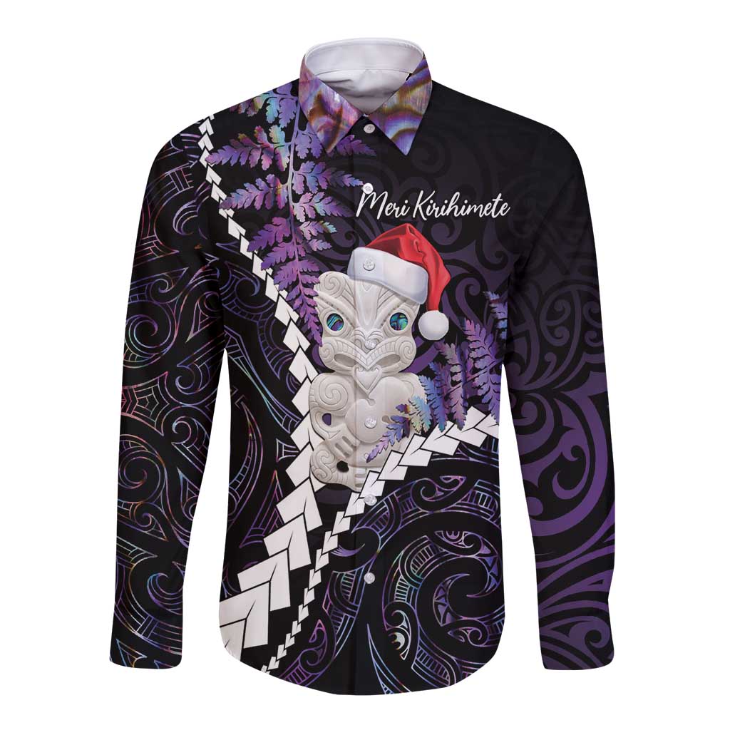 New Zealand Personalised Long Sleeve Button Shirt Meri Kirihimete Kowhaiwhai Mix Paua Shell - Amethys LT7 Unisex Purple - Polynesian Pride
