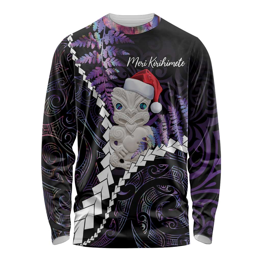 New Zealand Personalised Long Sleeve Shirt Meri Kirihimete Kowhaiwhai Mix Paua Shell - Amethys LT7 Unisex Purple - Polynesian Pride