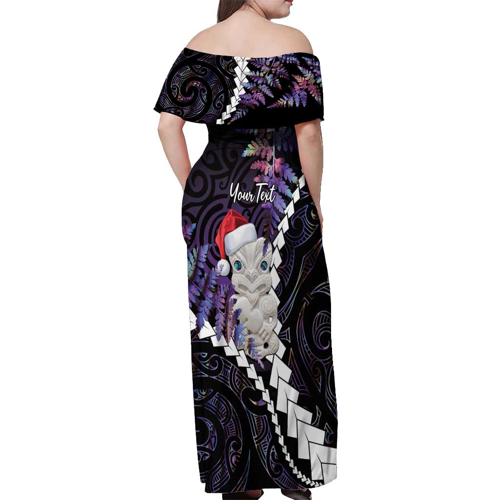 New Zealand Personalised Off Shoulder Maxi Dress Meri Kirihimete Kowhaiwhai Mix Paua Shell - Amethys LT7 - Polynesian Pride