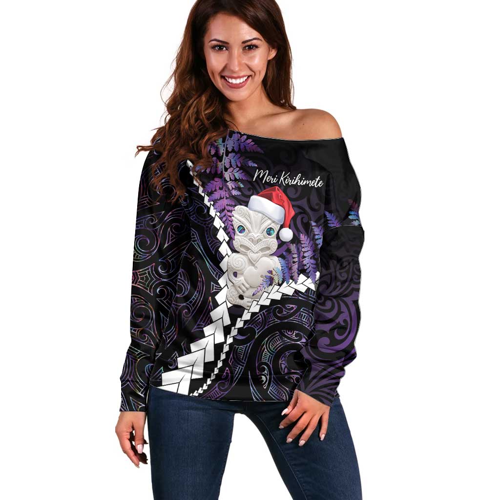 New Zealand Personalised Off Shoulder Sweater Meri Kirihimete Kowhaiwhai Mix Paua Shell - Amethys LT7 Women Purple - Polynesian Pride