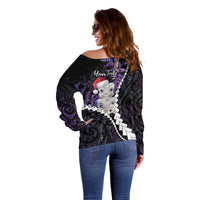 New Zealand Personalised Off Shoulder Sweater Meri Kirihimete Kowhaiwhai Mix Paua Shell - Amethys LT7 - Polynesian Pride