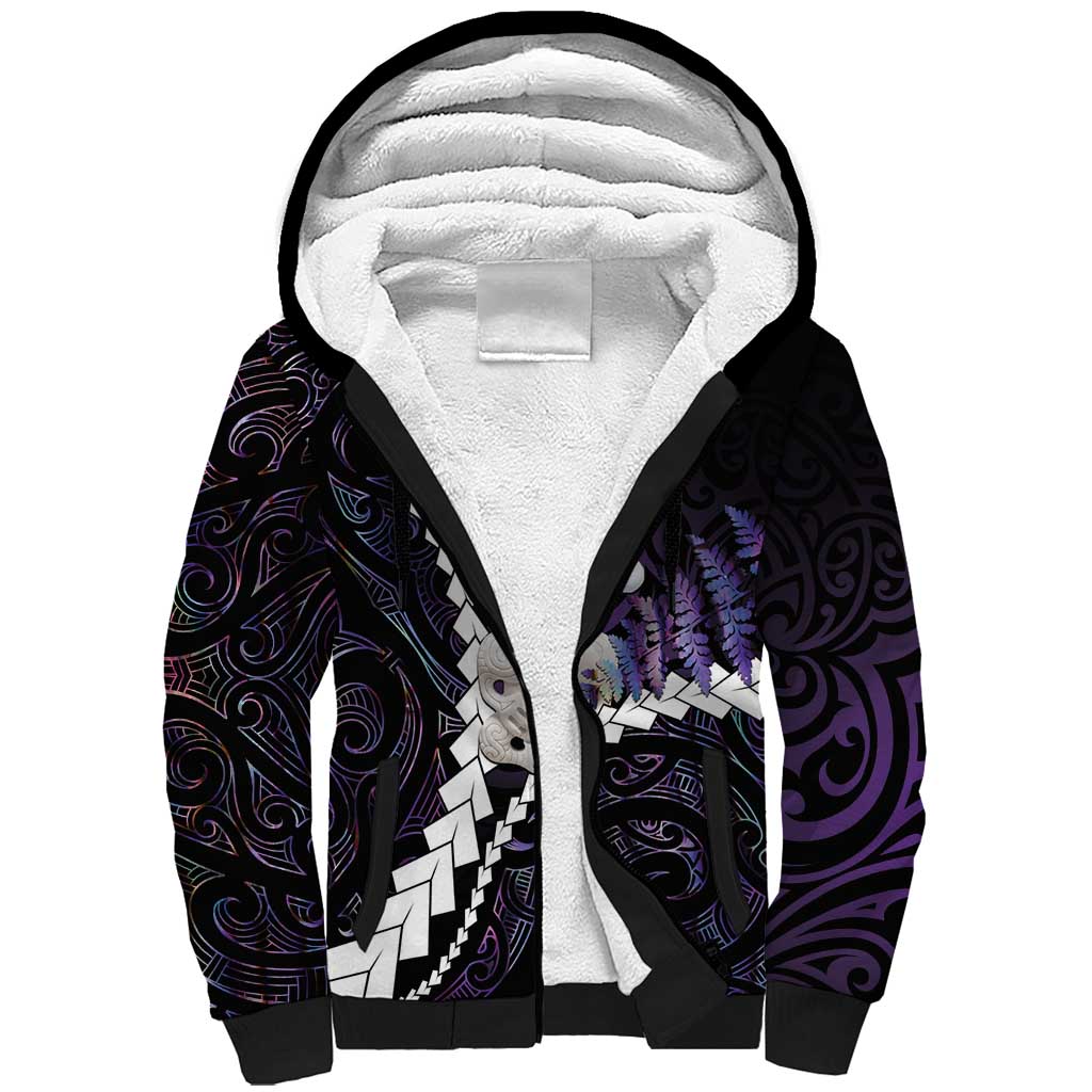 New Zealand Personalised Sherpa Hoodie Meri Kirihimete Kowhaiwhai Mix Paua Shell - Amethys LT7 Unisex Purple - Polynesian Pride