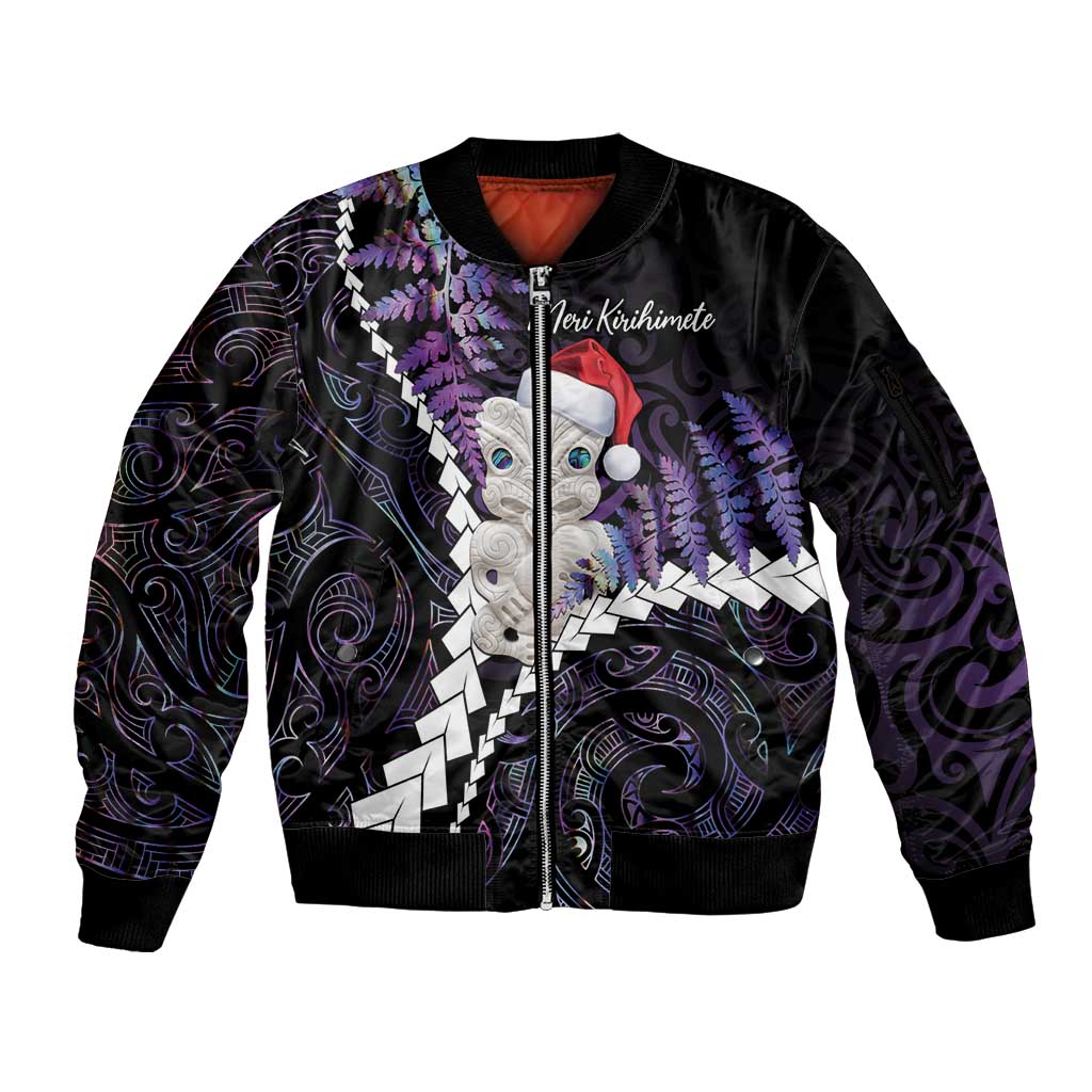 New Zealand Personalised Sleeve Zip Bomber Jacket Meri Kirihimete Kowhaiwhai Mix Paua Shell - Amethys LT7 Unisex Purple - Polynesian Pride