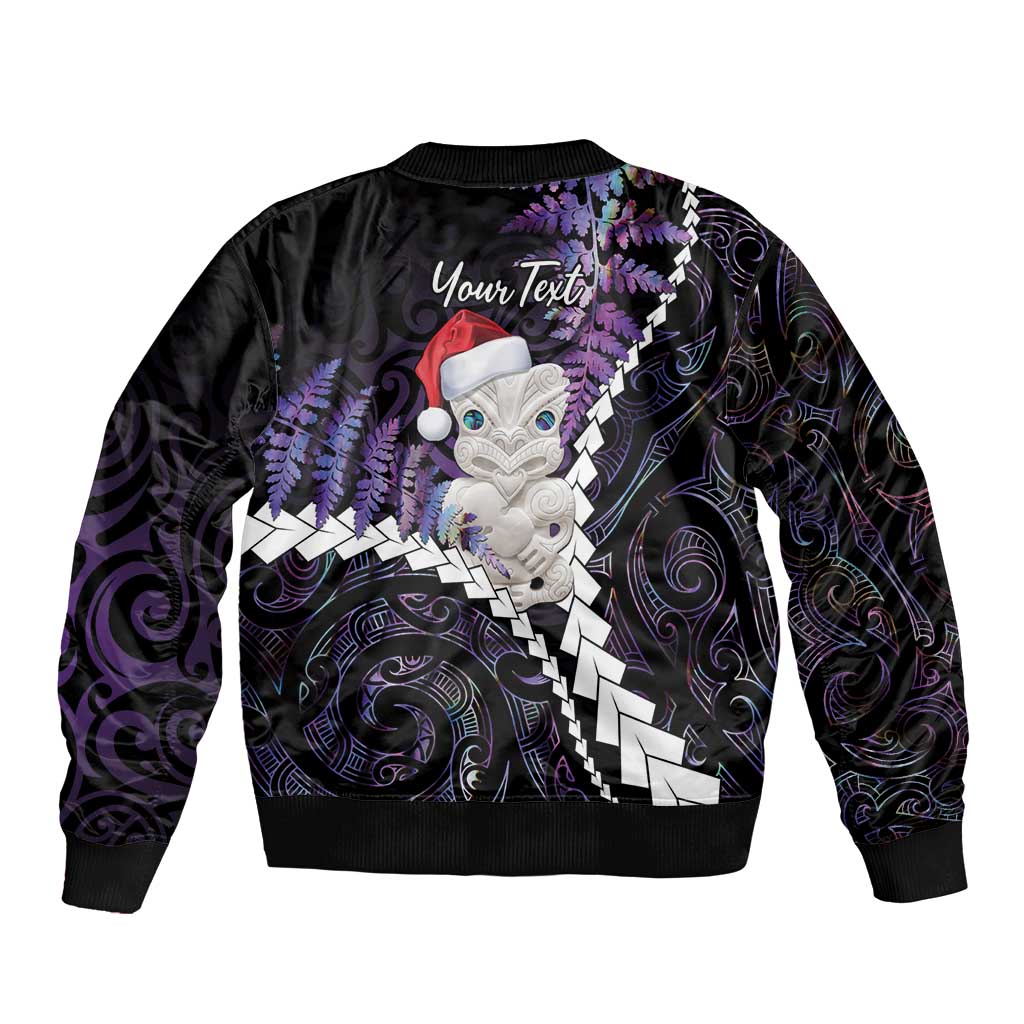 New Zealand Personalised Sleeve Zip Bomber Jacket Meri Kirihimete Kowhaiwhai Mix Paua Shell - Amethys LT7 - Polynesian Pride
