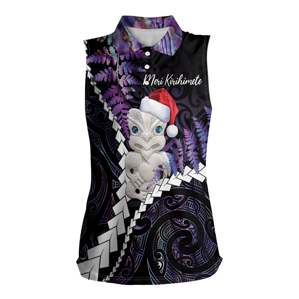 New Zealand Personalised Women Sleeveless Polo Shirt Meri Kirihimete Kowhaiwhai Mix Paua Shell - Amethys LT7 Female Purple - Polynesian Pride