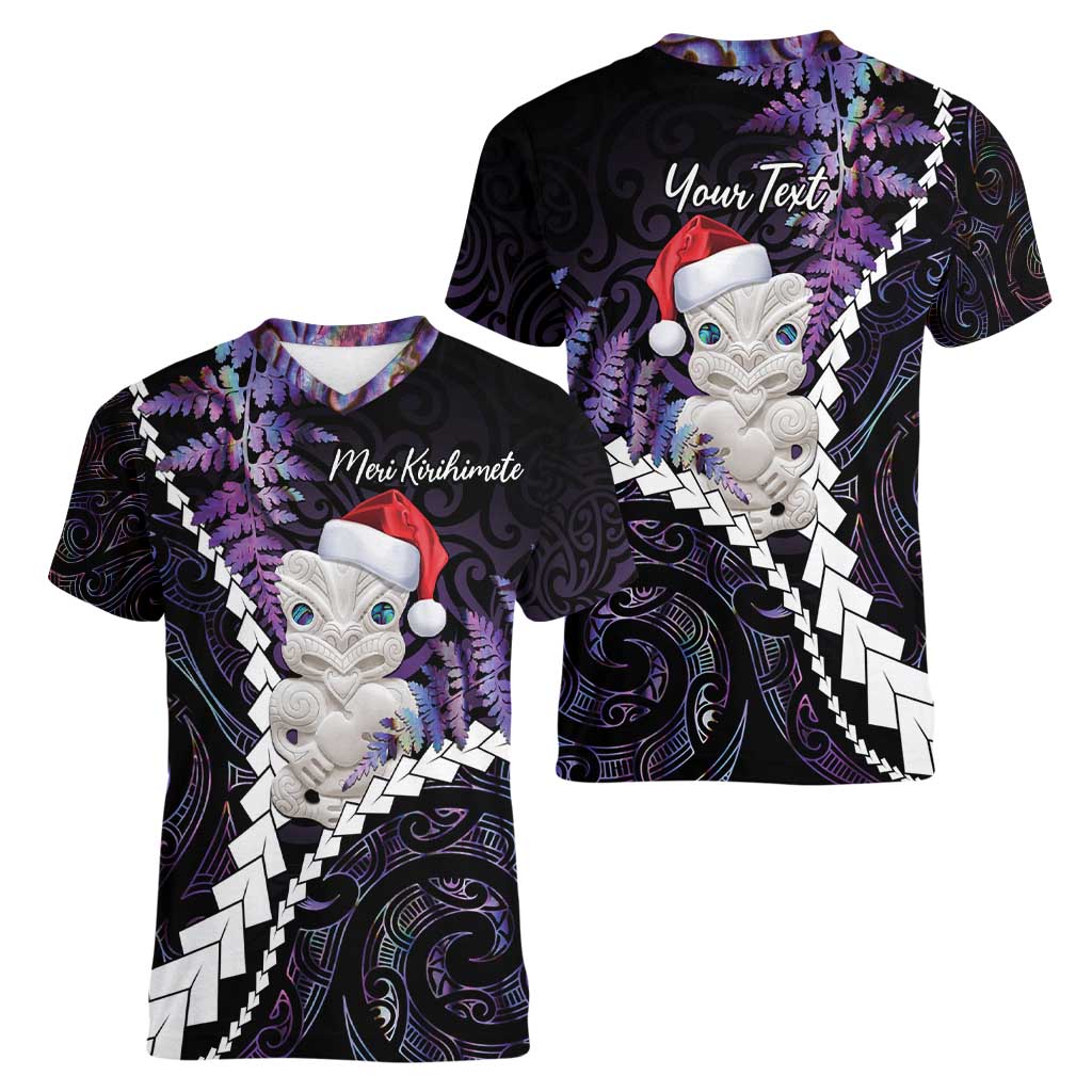 New Zealand Personalised Women V-Neck T-Shirt Meri Kirihimete Kowhaiwhai Mix Paua Shell - Amethys LT7 - Polynesian Pride
