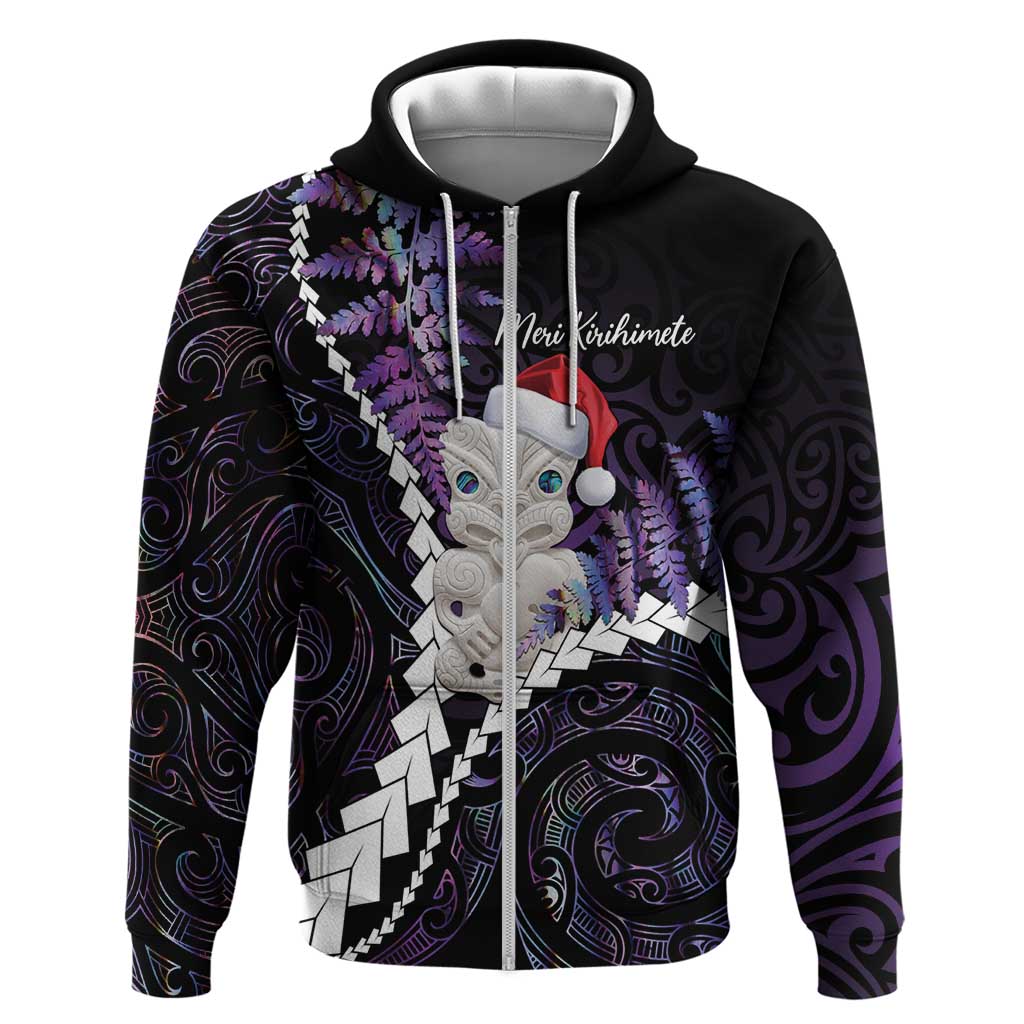 New Zealand Personalised Zip Hoodie Meri Kirihimete Kowhaiwhai Mix Paua Shell - Amethys LT7 Zip Hoodie Purple - Polynesian Pride