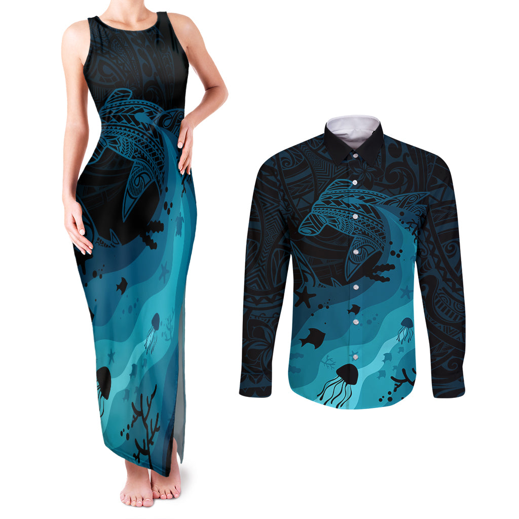 Polynesian Shark Couples Matching Tank Maxi Dress and Long Sleeve Button Shirt Under The Waves LT7 Dark Blue - Polynesian Pride