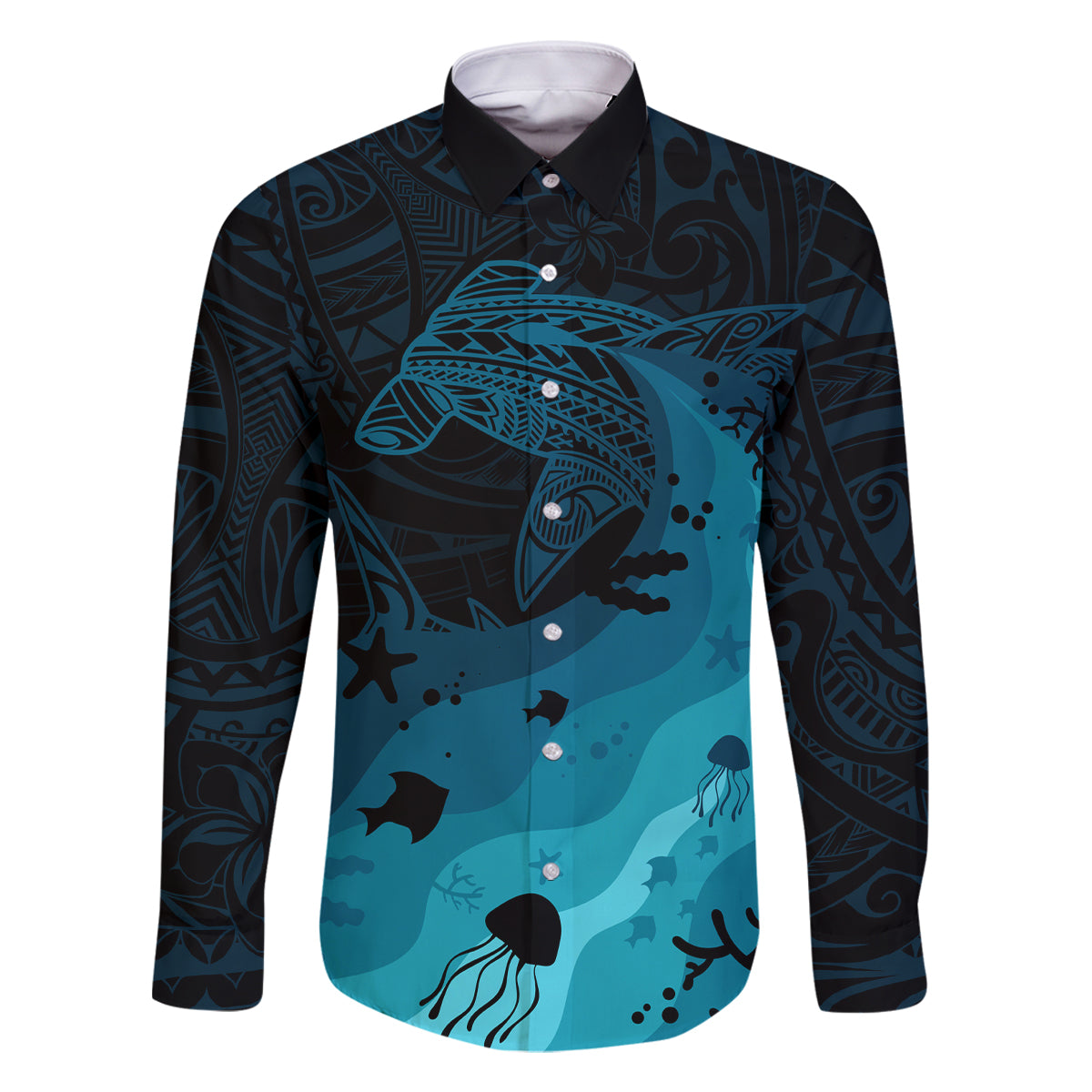 Polynesian Shark Family Matching Summer Maxi Dress and Hawaiian Shirt Under The Waves LT7 Dad's Shirt - Long Sleeve Dark Blue - Polynesian Pride