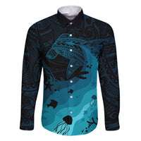 Polynesian Shark Family Matching Summer Maxi Dress and Hawaiian Shirt Under The Waves LT7 Dad's Shirt - Long Sleeve Dark Blue - Polynesian Pride