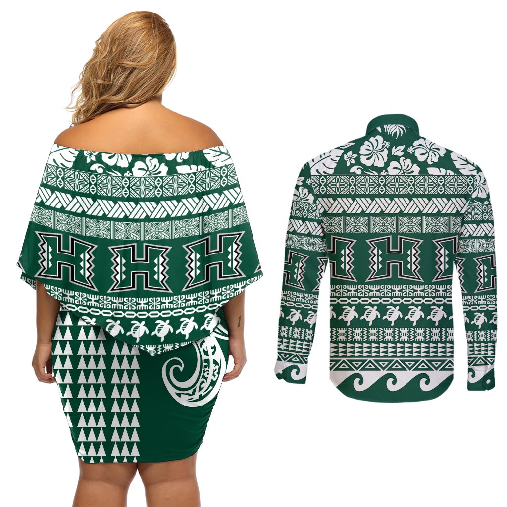 Hawaii Rainbow Warriors Christmas Couples Matching Off Shoulder Short Dress and Long Sleeve Button Shirt Kakau Motifs LT7 - Polynesian Pride