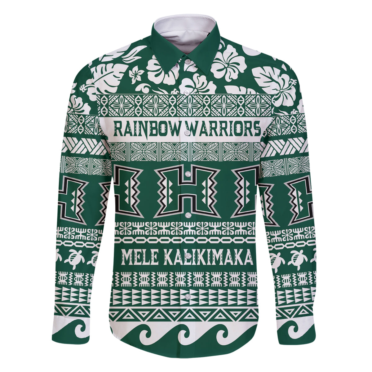 Hawaii Rainbow Warriors Christmas Family Matching Long Sleeve Bodycon Dress and Hawaiian Shirt Kakau Motifs LT7 Dad's Shirt - Long Sleeve Green - Polynesian Pride