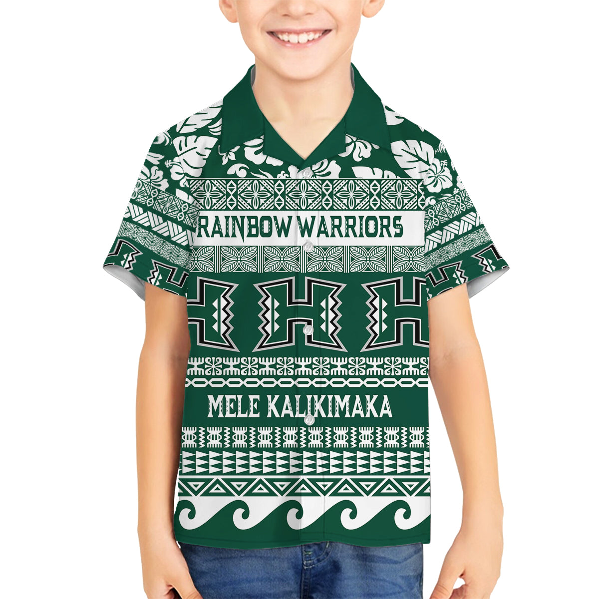 Hawaii Rainbow Warriors Christmas Family Matching Tank Maxi Dress and Hawaiian Shirt Kakau Motifs LT7 Son's Shirt Green - Polynesian Pride