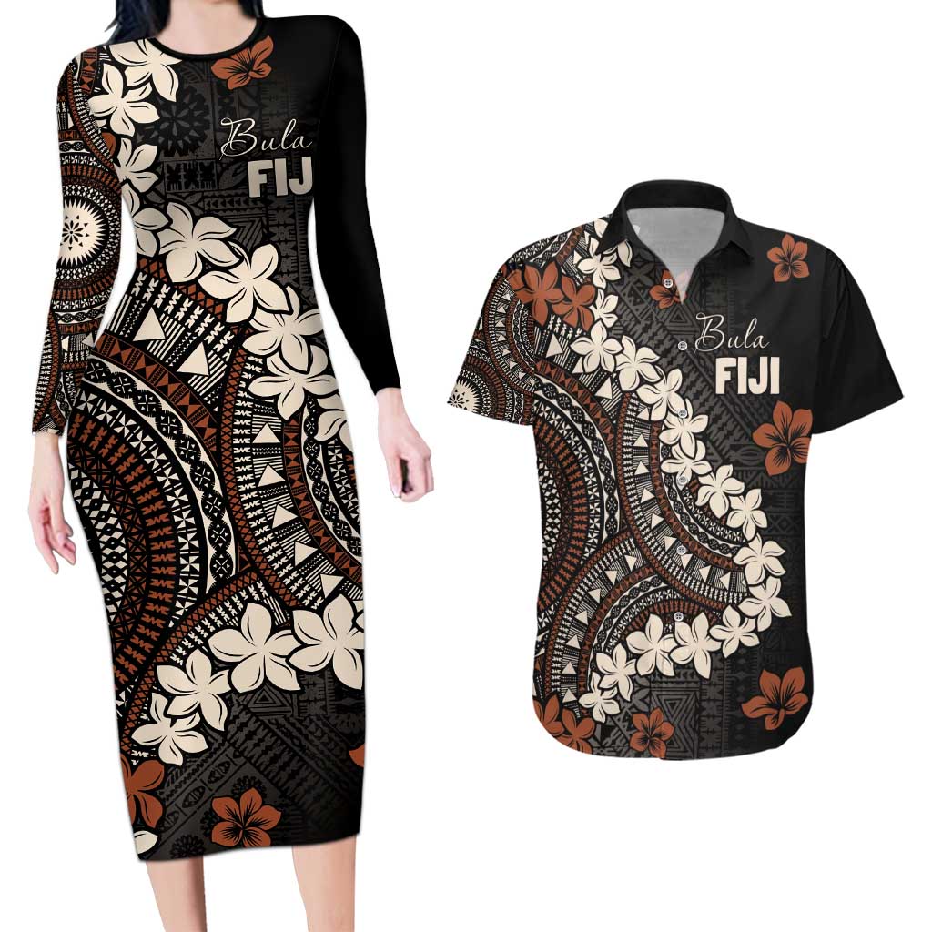 Bula Fiji Women's Day Couples Matching Long Sleeve Bodycon Dress and Hawaiian Shirt Classic Masi Tapa LT7 Brown - Polynesian Pride