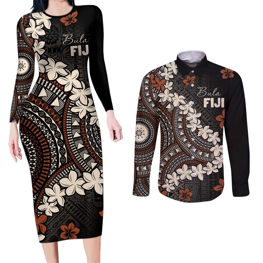 Bula Fiji Women's Day Couples Matching Long Sleeve Bodycon Dress and Long Sleeve Button Shirt Classic Masi Tapa LT7 Brown - Polynesian Pride