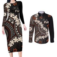 Bula Fiji Women's Day Couples Matching Long Sleeve Bodycon Dress and Long Sleeve Button Shirt Classic Masi Tapa LT7 Brown - Polynesian Pride
