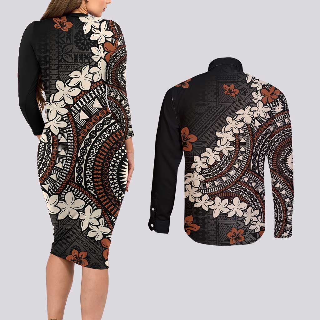 Bula Fiji Women's Day Couples Matching Long Sleeve Bodycon Dress and Long Sleeve Button Shirt Classic Masi Tapa LT7 - Polynesian Pride