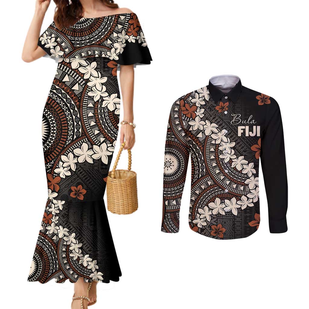 Bula Fiji Women's Day Couples Matching Mermaid Dress and Long Sleeve Button Shirt Classic Masi Tapa LT7 Brown - Polynesian Pride