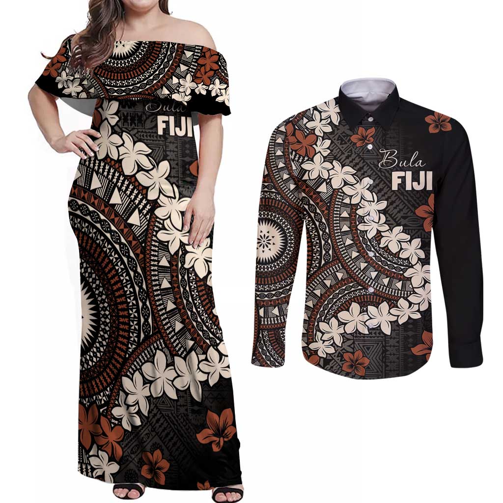 Bula Fiji Women's Day Couples Matching Off Shoulder Maxi Dress and Long Sleeve Button Shirt Classic Masi Tapa LT7 Brown - Polynesian Pride