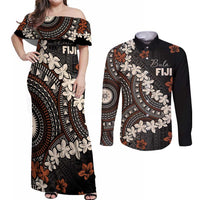 Bula Fiji Women's Day Couples Matching Off Shoulder Maxi Dress and Long Sleeve Button Shirt Classic Masi Tapa LT7 Brown - Polynesian Pride