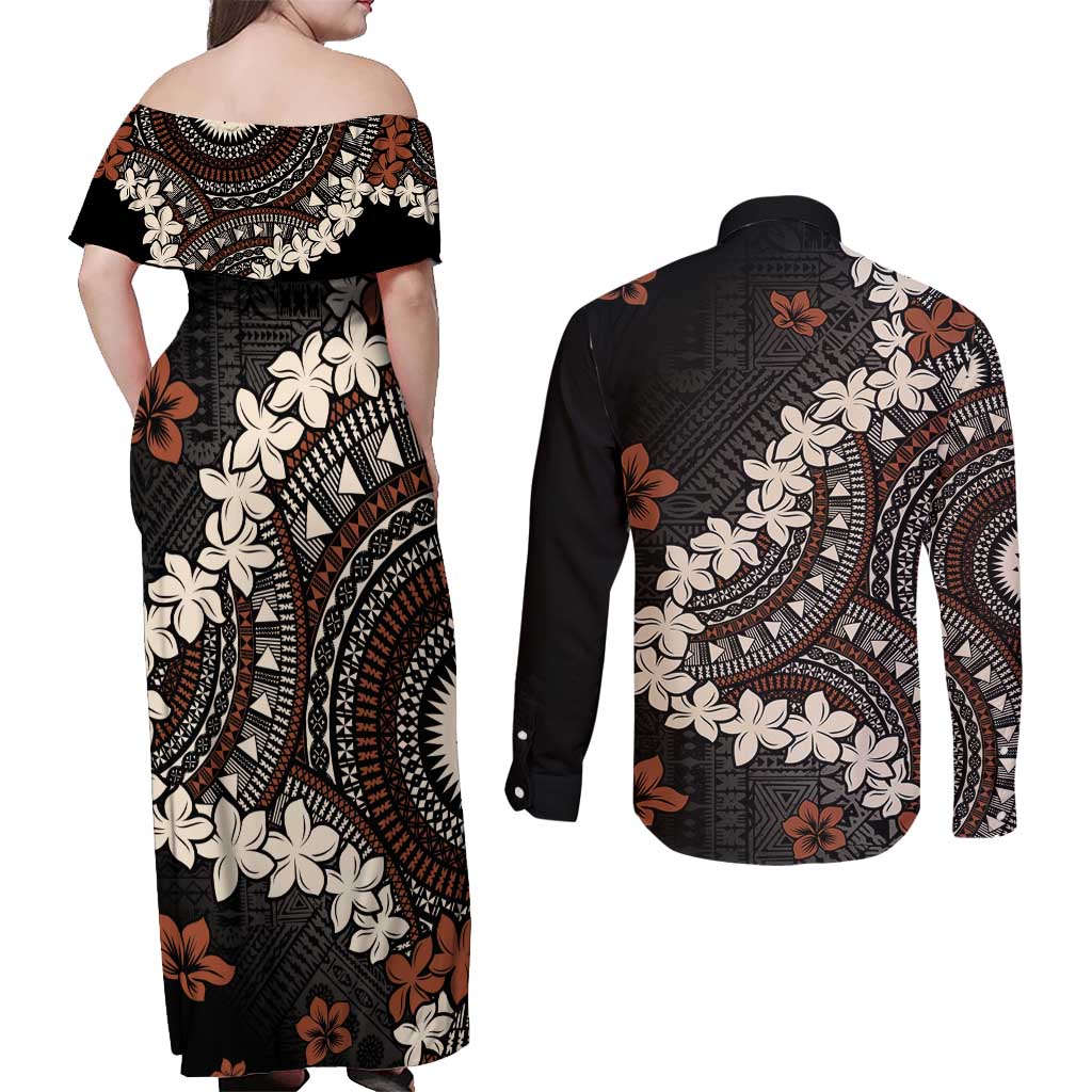 Bula Fiji Women's Day Couples Matching Off Shoulder Maxi Dress and Long Sleeve Button Shirt Classic Masi Tapa LT7 - Polynesian Pride