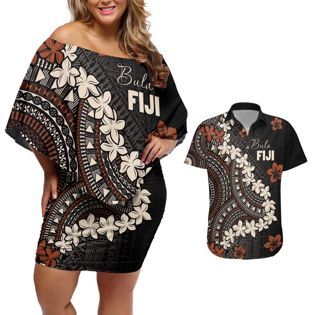 Bula Fiji Women's Day Couples Matching Off Shoulder Short Dress and Hawaiian Shirt Classic Masi Tapa LT7 Brown - Polynesian Pride