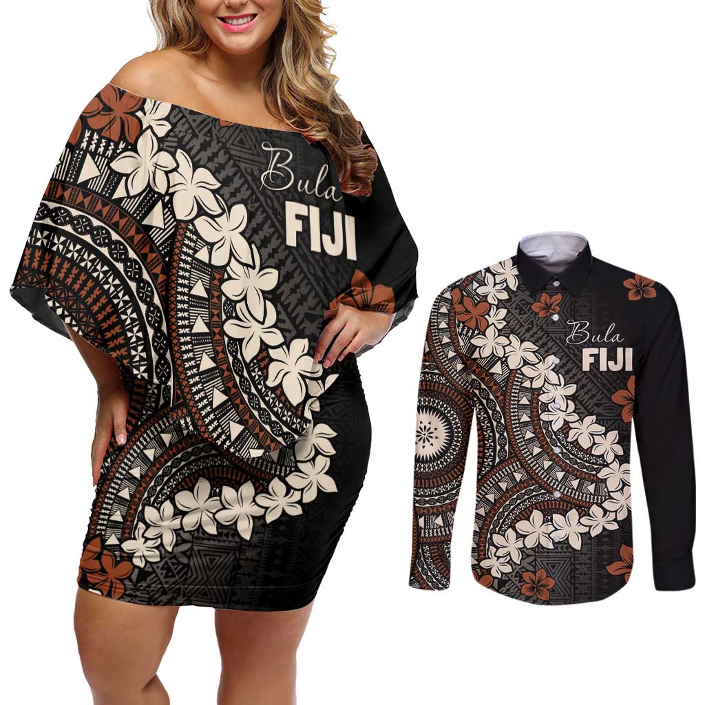 Bula Fiji Women's Day Couples Matching Off Shoulder Short Dress and Long Sleeve Button Shirt Classic Masi Tapa LT7 Brown - Polynesian Pride