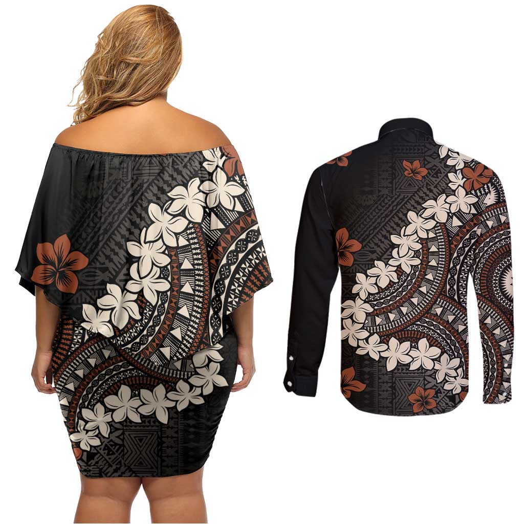 Bula Fiji Women's Day Couples Matching Off Shoulder Short Dress and Long Sleeve Button Shirt Classic Masi Tapa LT7 - Polynesian Pride