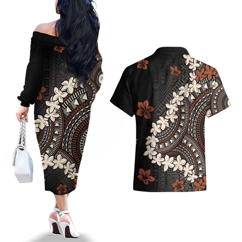 Bula Fiji Women's Day Couples Matching Off The Shoulder Long Sleeve Dress and Hawaiian Shirt Classic Masi Tapa LT7 - Polynesian Pride
