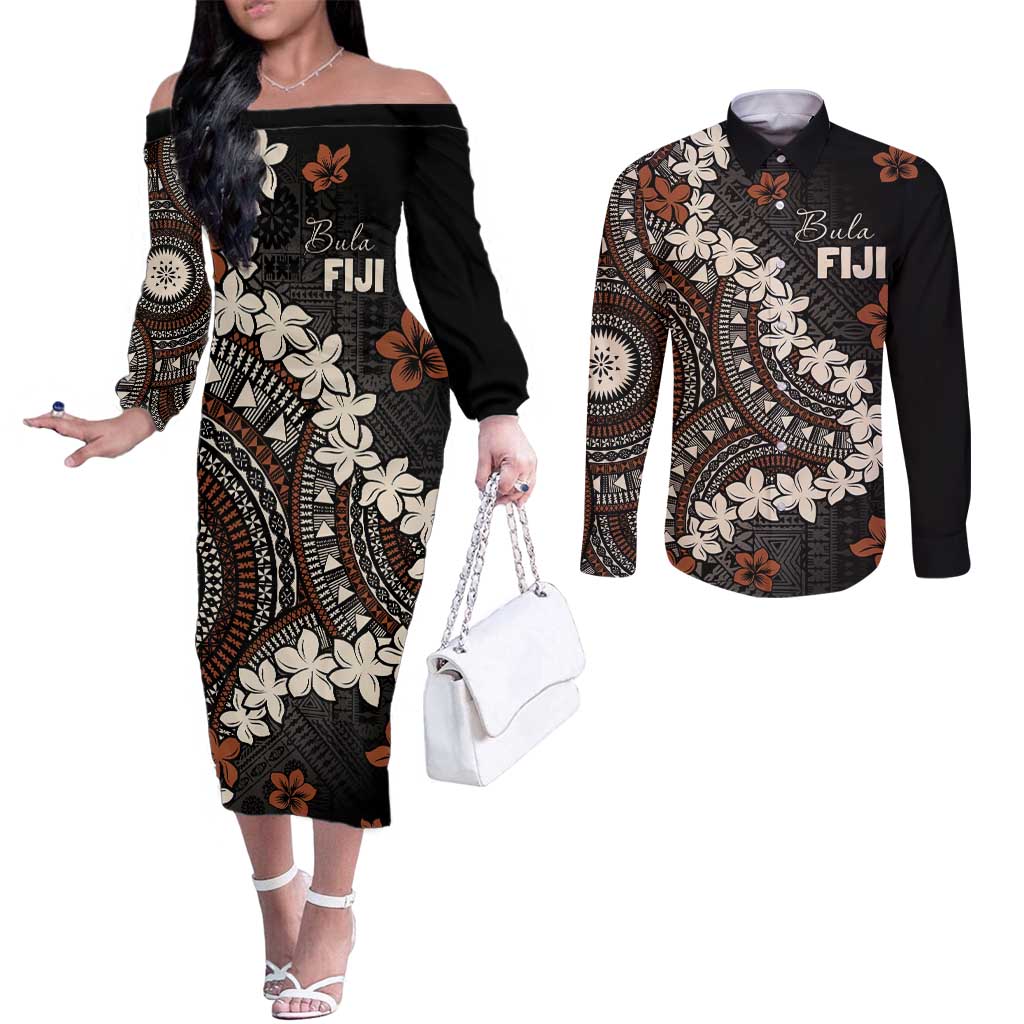 Bula Fiji Women's Day Couples Matching Off The Shoulder Long Sleeve Dress and Long Sleeve Button Shirt Classic Masi Tapa LT7 Brown - Polynesian Pride