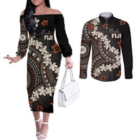 Bula Fiji Women's Day Couples Matching Off The Shoulder Long Sleeve Dress and Long Sleeve Button Shirt Classic Masi Tapa LT7 Brown - Polynesian Pride